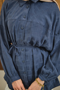 Geometrik Kare Desen Jakar Gömlek Mavi