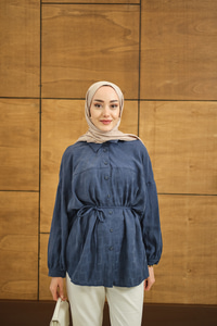 Geometrik Kare Desen Jakar Gömlek Mavi