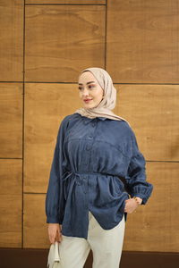 Geometrik Kare Desen Jakar Gömlek Mavi