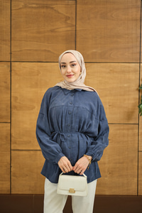 Geometrik Kare Desen Jakar Gömlek Mavi