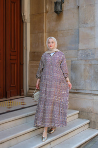 Geometrik Motif Desen Elbise Krem