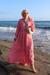 Geometrik Motif Desen Elbise Pembe