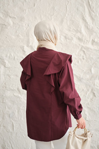 Gizli Düğme Detay Omuzdan Volanlı Gömlek Bordo