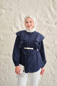 Gizli Düğme Detay Omuzdan Volanlı Gömlek Lacivert