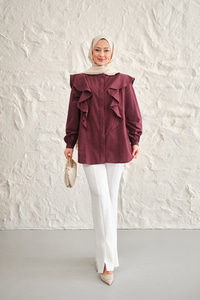 Gizli Düğme Detay Omuzdan Volanlı Gömlek Bordo