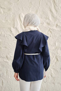 Gizli Düğme Detay Omuzdan Volanlı Gömlek Lacivert