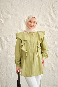 Gizli Düğme Detay Omuzdan Volanlı Gömlek Yeşil