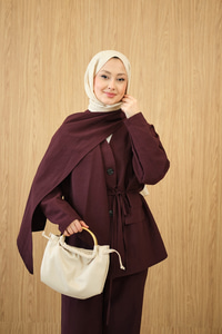 Gizli Düğme Detay V Yaka Takım Bordo