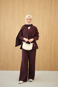 Gizli Düğme Detay V Yaka Takım Bordo