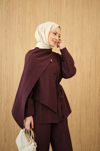 Gizli Düğme Detay V Yaka Takım Bordo