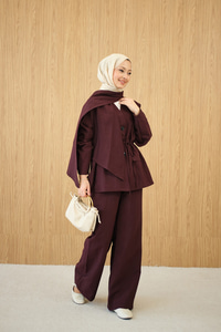 Gizli Düğme Detay V Yaka Takım Bordo