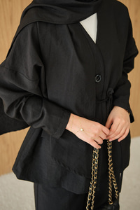 Gizli Düğme Detay V Yaka Takım Siyah