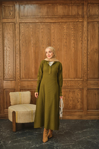 Gizli Düğme Detaylı Elbise Yağ Yeşil