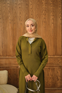 Gizli Düğme Detaylı Elbise Yağ Yeşil