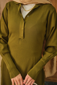 Gizli Düğme Detaylı Elbise Yağ Yeşil