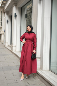 Gizli Düğmeli Apolet Detay Elbise Bordo