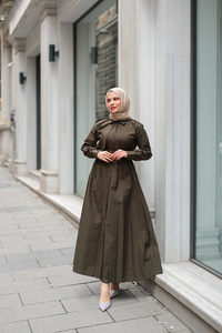 Gizli Düğmeli Apolet Detay Elbise Haki Yeşil