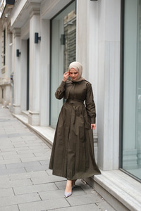 Gizli Düğmeli Apolet Detay Elbise Haki Yeşil