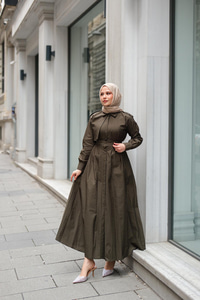 Gizli Düğmeli Apolet Detay Elbise Haki Yeşil