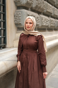 Gizli Düğmeli Apolet Detay Elbise Kahverengi