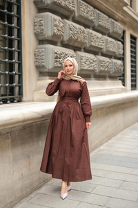 Gizli Düğmeli Apolet Detay Elbise Kahverengi