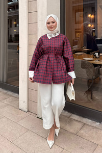 Gizli Düğmeli Bel Bağlamalı Gömlek Bordo