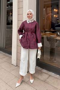 Gizli Düğmeli Bel Bağlamalı Gömlek Bordo