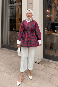 Gizli Düğmeli Bel Bağlamalı Gömlek Bordo