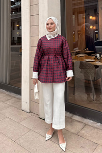 Gizli Düğmeli Bel Bağlamalı Gömlek Bordo