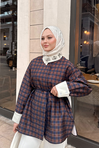 Gizli Düğmeli Bel Bağlamalı Gömlek Lacivert