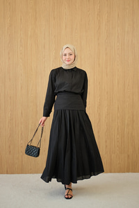 Gizli Düğmeli Beli Kuşaklı Gömlek Yaka Takım Siyah