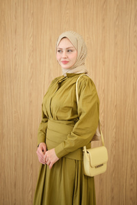 Gizli Düğmeli Beli Kuşaklı Gömlek Yaka Takım Yağ Yeşil