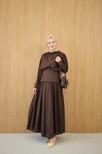 Gizli Düğmeli Beli Kuşaklı Gömlek Yaka Takım Kahverengi