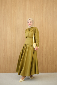 Gizli Düğmeli Beli Kuşaklı Gömlek Yaka Takım Yağ Yeşil