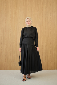 Gizli Düğmeli Beli Kuşaklı Gömlek Yaka Takım Siyah