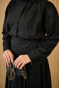 Gizli Düğmeli Beli Kuşaklı Gömlek Yaka Takım Siyah