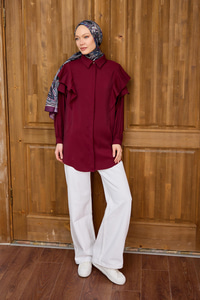 Gizli Düğmeli Fırfır Detay Gömlek Bordo