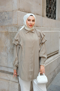 Gizli Düğmeli Fırfır Detay Gömlek Küf Yeşil