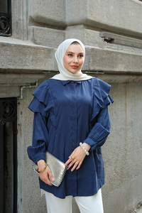 Gizli Düğmeli Fırfır Detay Gömlek Lacivert