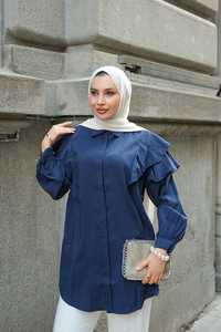 Gizli Düğmeli Fırfır Detay Gömlek Lacivert