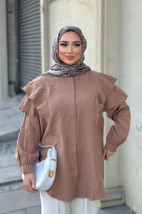 Gizli Düğmeli Fırfır Detay Gömlek Vizon