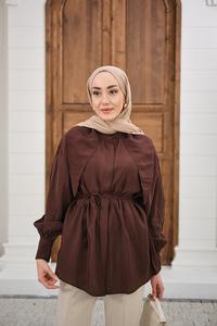 Gizli Düğmeli Hakim Yaka Bel Bağlamalı Gömlek Kahverengi