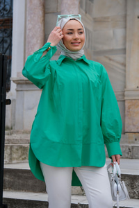 Gizli Düğmeli Kol Bağlama Detay Gömlek Yeşil