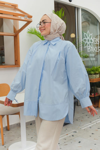 Gizli Düğmeli Kol Bağlama Detay Gömlek  Bebe Mavi