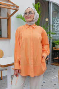 Gizli Düğmeli Kol Bağlama Detay Gömlek  Oranj