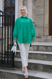 Gizli Düğmeli Kol Bağlama Detay Gömlek Yeşil