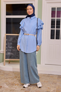 Gizli Düğmeli Püskül Detay Gömlek Açık Mavi