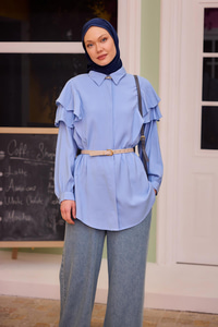 Gizli Düğmeli Püskül Detay Gömlek Açık Mavi