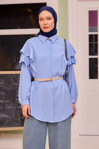 Gizli Düğmeli Püskül Detay Gömlek Açık Mavi