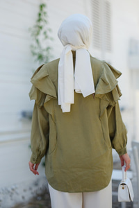 Gizli Düğmeli Püskül Detay Gömlek Haki Yeşil